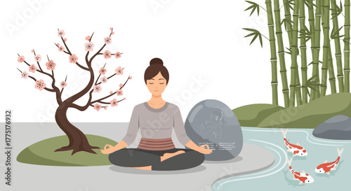 Serene woman meditating near cherry blossom tree and koi pond evoking tranquility