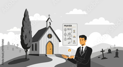 A solemn moment of reflection and prayer by a church, facing life's journey
