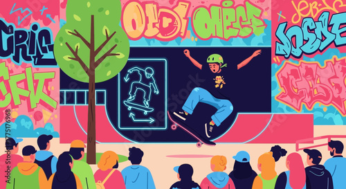 Skateboarding action illustration with vibrant graffiti backdrop and crowd watching