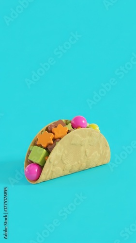 Small colorful toy taco with stars on a bright cyan blue minimal background