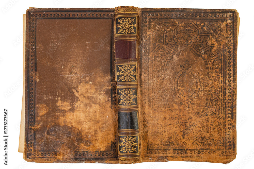 Fototapeta premium Empty vintage book hard cover face down, front and back stained texture isolated on white