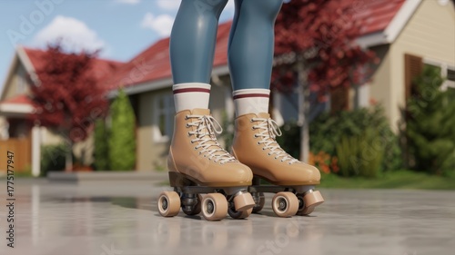 Close-up of a person wearing vintage quad roller skates on an outdoor pavement