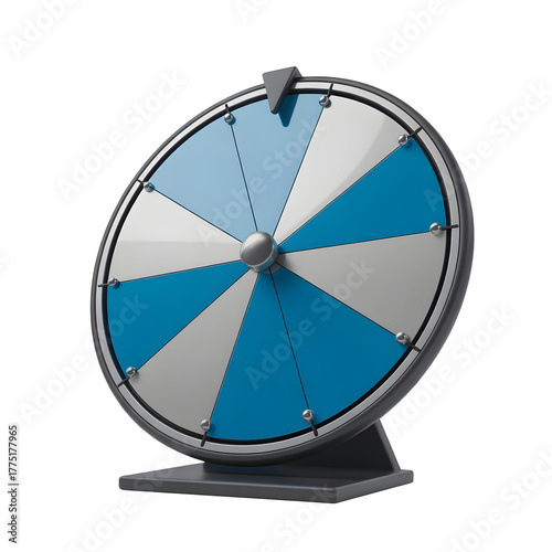 3D prize wheel with blue and silver segments on a dark stand for games and decision-making