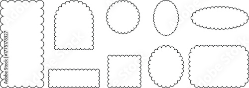 Set of frames with squiggly, wavy edges. Stamps with rectangle and circle shapes. Outline vector illustration. stock illustration