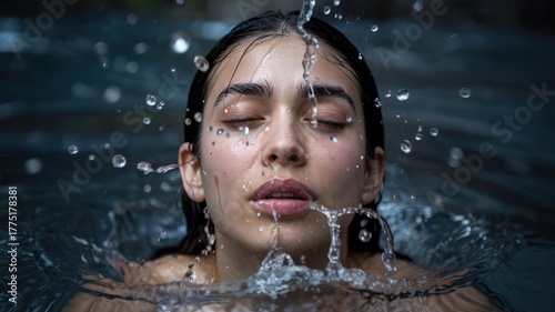 Close-up portrait of a serene young woman with water splashing over her face