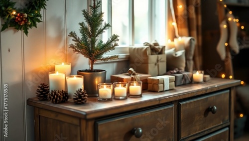 Cozy Christmas decor with tree, gifts, and lit candles