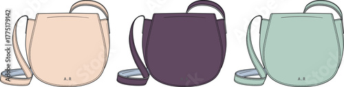 Set of three women's crossbody saddle bags in pastel colors. Fashion accessory technical flat sketch and design concept for apparel mockups