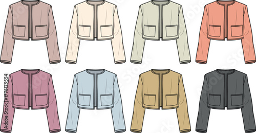 Collection of stylish cropped jackets in a variety of pastel and neutral colors, showcasing fashion design inspiration