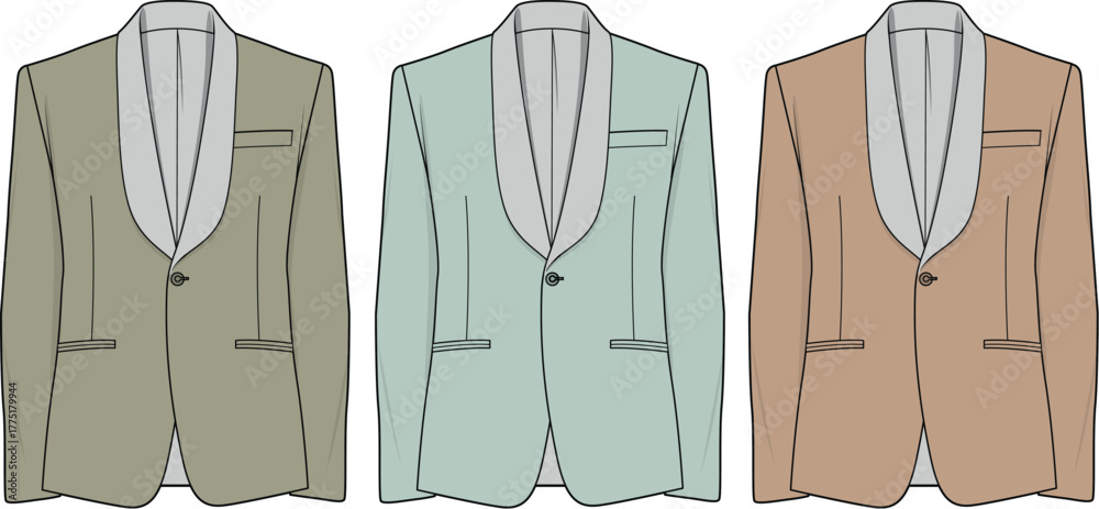 Εκτύπωση καμβά A collection of men's formal dinner jackets with shawl collars, shown in three different colorways