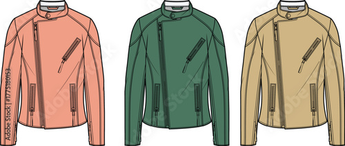 Fashion illustration featuring a trio of women's biker jackets in pink, green, and beige, showcasing contemporary outerwear design and apparel style