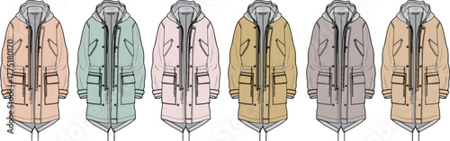 A collection of women's parkas in a variety of pastel and neutral colors, displayed in a row for comparison
