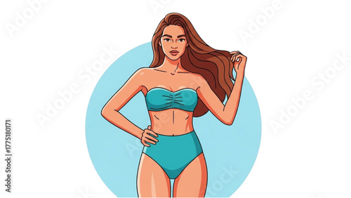 Confident young woman in stylish blue bikini posing gracefully, showcasing summer fashion, beauty, and a carefree vacation lifestyle