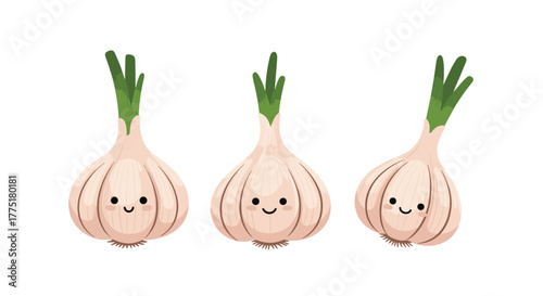 An adorable illustration of three cute cartoon garlic bulbs with happy faces and vibrant green sprouts, isolated on a clean white background.