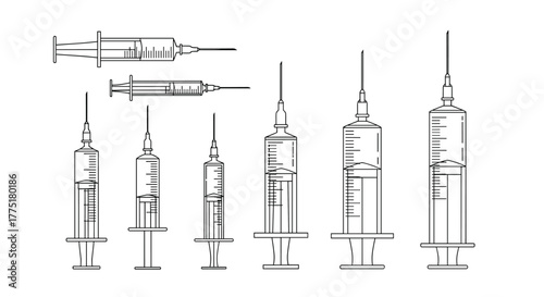 A collection of medical syringes, depicted in various sizes and orientations, showcasing different capacities and designs for healthcare applications.