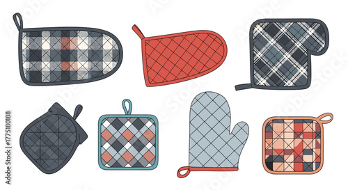A collection of seven cozy oven mitts and pot holders featuring various plaid patterns and quilted textures for kitchen safety.