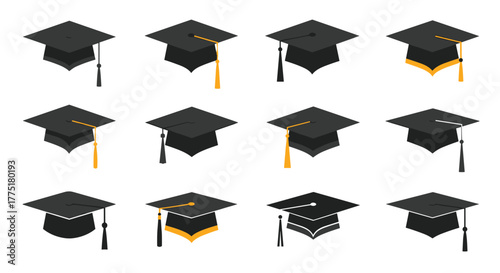 Diverse collection of black graduation caps with golden and black tassels, some featuring decorative trims, symbolizing academic achievement and celebration.