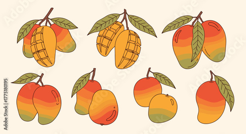 Collection of vibrant mango illustrations, featuring whole and sliced fruits with leaves, perfect for tropical, summer, and healthy food designs.
