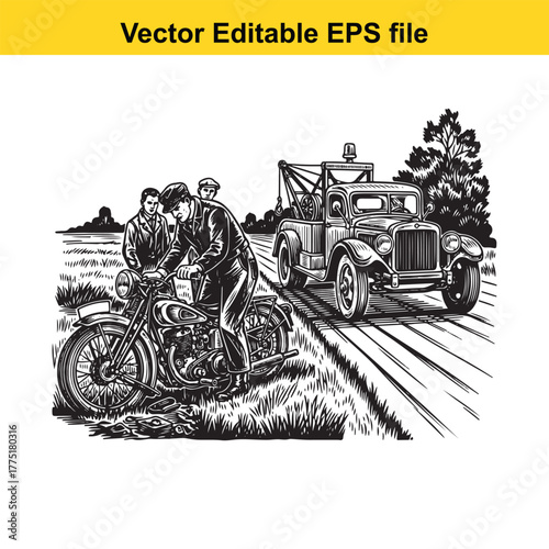 Vintage tow truck assisting a broken down motorcycle on a rural road with two men observing the scene in a black and white illustration
