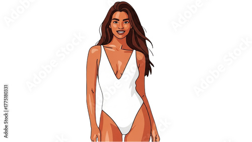 Illustration of a beautiful smiling woman in a stylish white one-piece swimsuit for summer vacation concepts