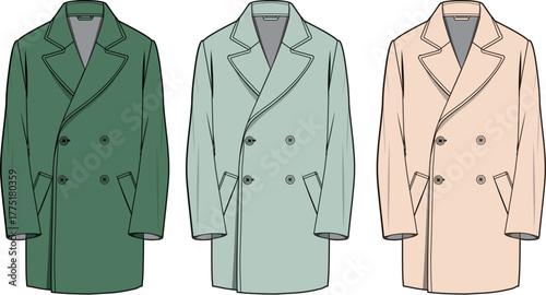 Fashion illustration of three classic double-breasted overcoats in different shades of green and beige