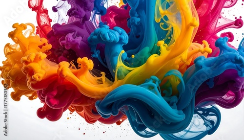 Vibrant explosion of rainbow colors swirling in water, creating a dynamic and fluid abstract art composition with intense pigments