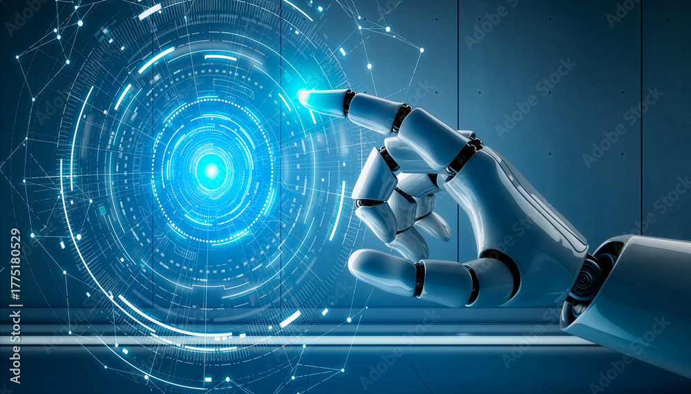 Naklejka premium Futuristic AI Robot Hand Touching Digital HUD Interface for Technology Innovation