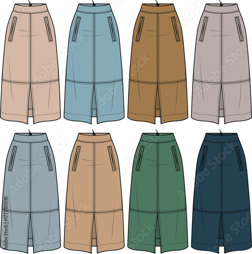 Set of eight different colored skirts with pockets and a slit in the front