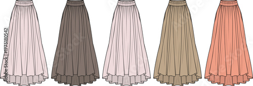 Five flowing pleated maxi skirts in different soft colors - a versatile addition to any wardrobe