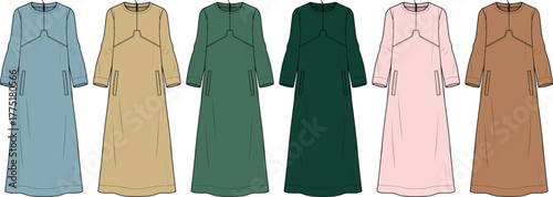 Vector illustration set of women's modest long sleeve dresses in multiple colors. Fashion apparel design flat sketches with pockets