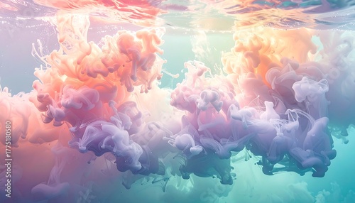 Vibrant plumes of pastel ink swirl gracefully underwater, creating an ethereal dance of color and light in a dreamlike liquid abstract composition