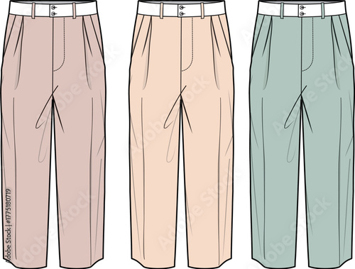 Elegant collection of women's high-waisted pleated trousers with belts. A fashion design concept for stylish and classic apparel