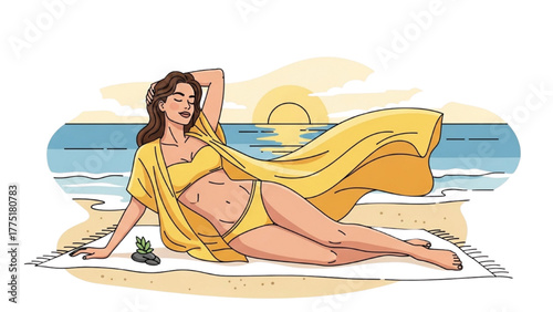 Woman enjoying a sunny day on the sandy beach with ocean waves