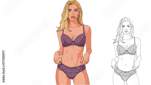 Blonde woman wearing lingerie in color and black and white version