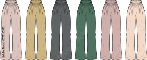 A flat sketch of six pairs of high-waisted, wide-leg palazzo pants in various neutral and jewel tones