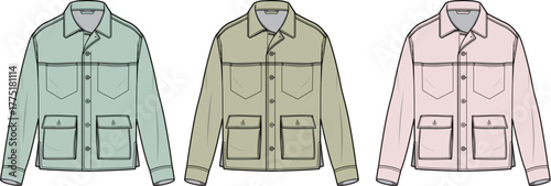 Set of utility workwear jacket fashion flat vector illustrations. Technical drawing of a casual outerwear template in three pastel colors