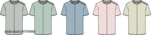Set of colorful t-shirt technical flat sketch templates. Fashion design vector illustration collection with short sleeves and zip neck