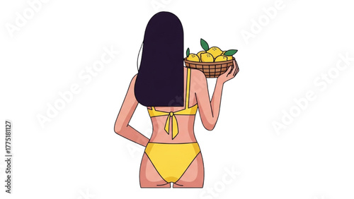 Woman in a yellow bikini holding a basket of lemons, a concept of a fresh and healthy summer lifestyle