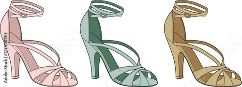 Collection of elegant strappy high-heeled sandals in pink, green, and gold, illustrating a fashionable variety of women's footwear choices