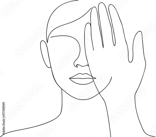 Minimalist Line Art Woman Face With Hand Covering Eye
