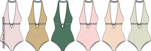 Six different colored one-piece swimsuits arranged in a row, showcasing various shades from light to dark, perfect for summer fashion