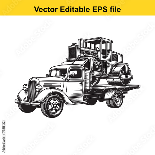 Vintage tow truck carrying a road roller on a, black and white illustration