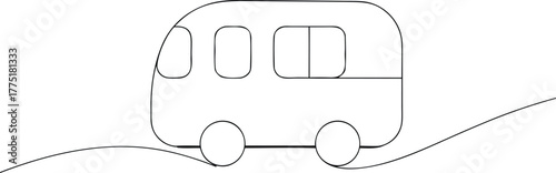 Simple line drawing of a camper van on a wavy road