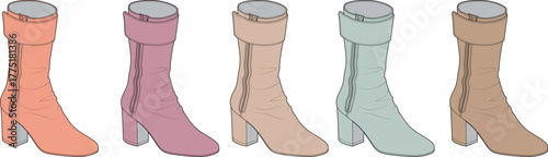 A stylish collection of women's high-heeled boots in a variety of pastel colors, representing a concept of modern fashion and personal choice