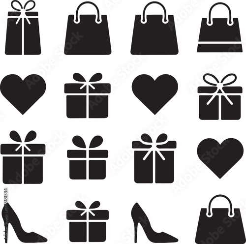 Shopping and Gift Icon Set Vector Silhouettes of Bags, Boxes, Hearts, and Accessories