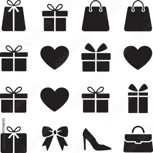 Shopping and Gift Icon Set Vector Silhouettes of Bags, Boxes, Hearts, and Accessories