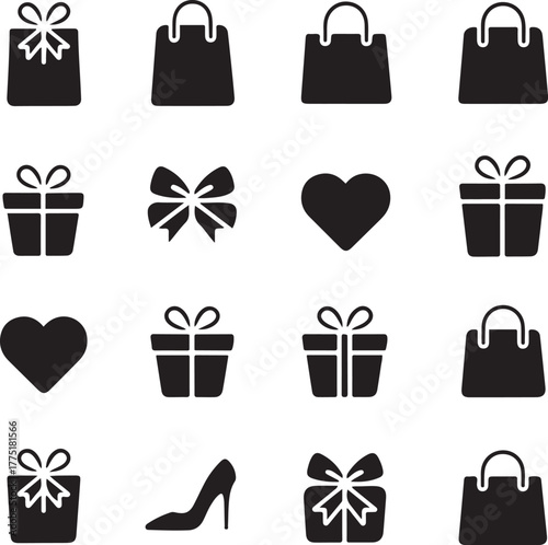 Shopping and Gift Icon Set Vector Silhouettes of Bags, Boxes, Hearts, and Accessories