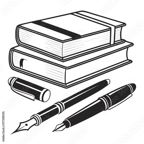 Stack of books with fountain pens, vector drawing
