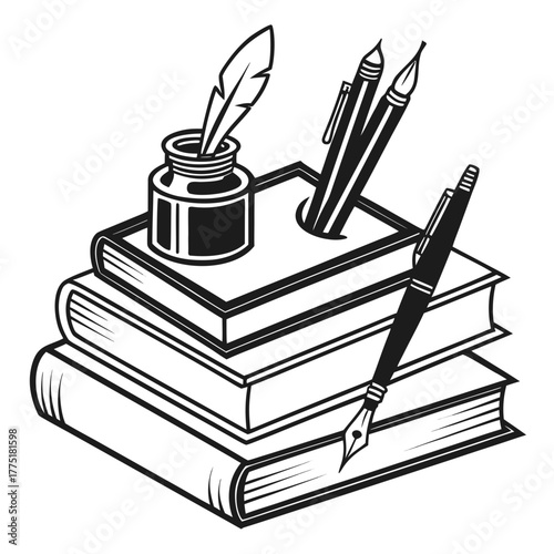 Stack of books with inkwell and fountain pens