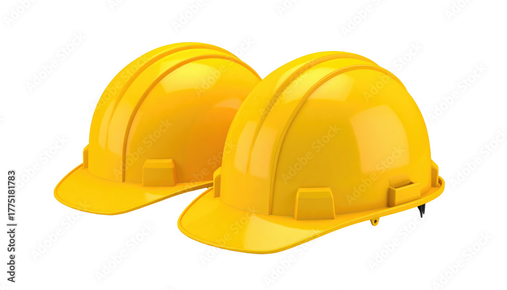 Fototapeta premium Two bright yellow construction hard hats side-by-side against a stark black background, professionally staged