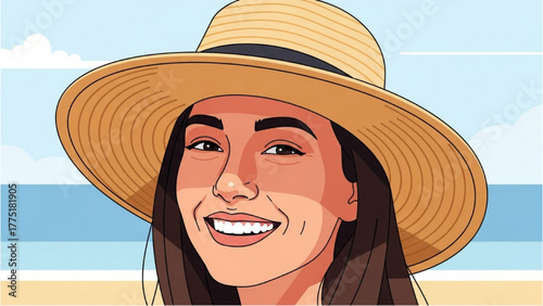 Smiling Woman in Straw Hat Enjoying Beach Vacation